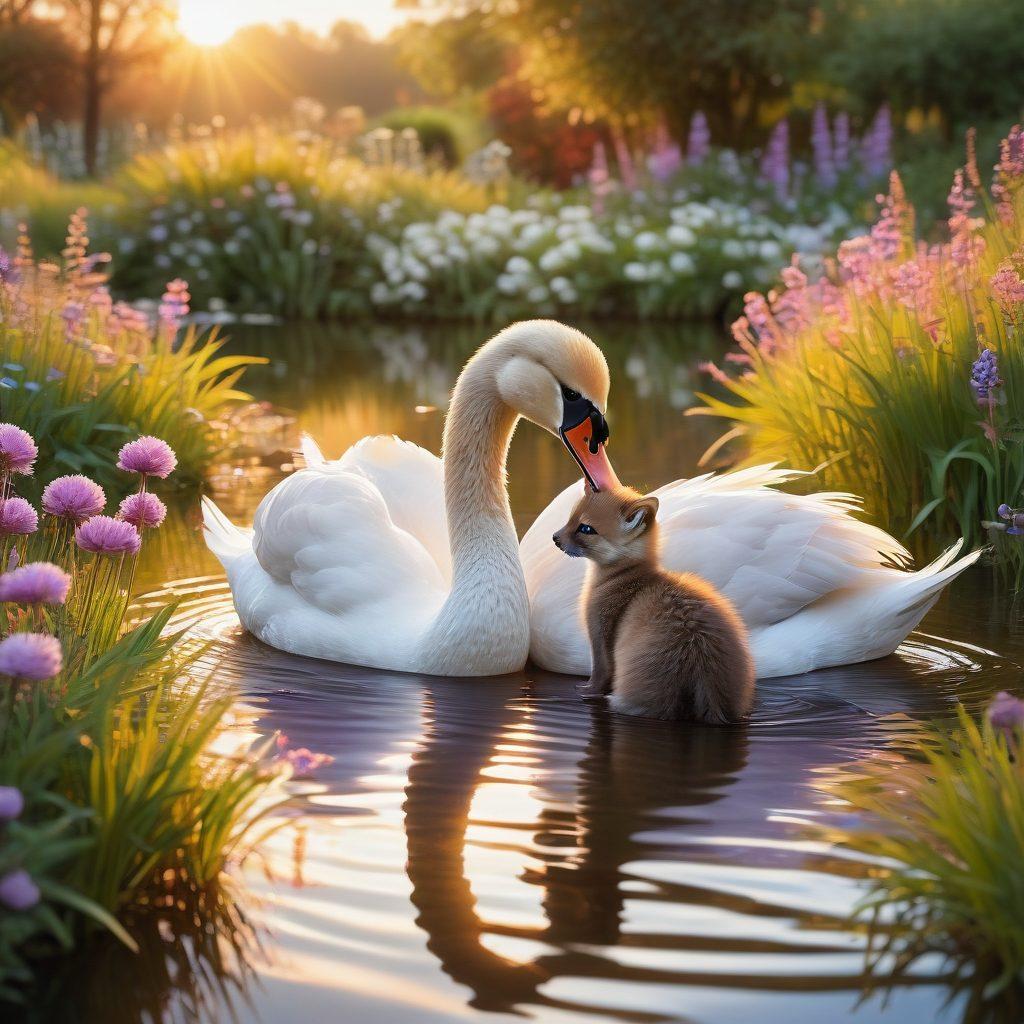 A beautiful scene depicting various animals showcasing affection, such as a pair of kissing swans on a serene lake, a cuddling pair of foxes, and a playful puppy and kitten playing together in a lush garden. The background should feature a vibrant sunset casting a warm glow over the landscape, with soft, dreamy colors illustrating the theme of love and connection. The image should evoke feelings of warmth and tenderness, inviting readers into the world of animal romance. super-realistic. vibrant colors. soft focus.