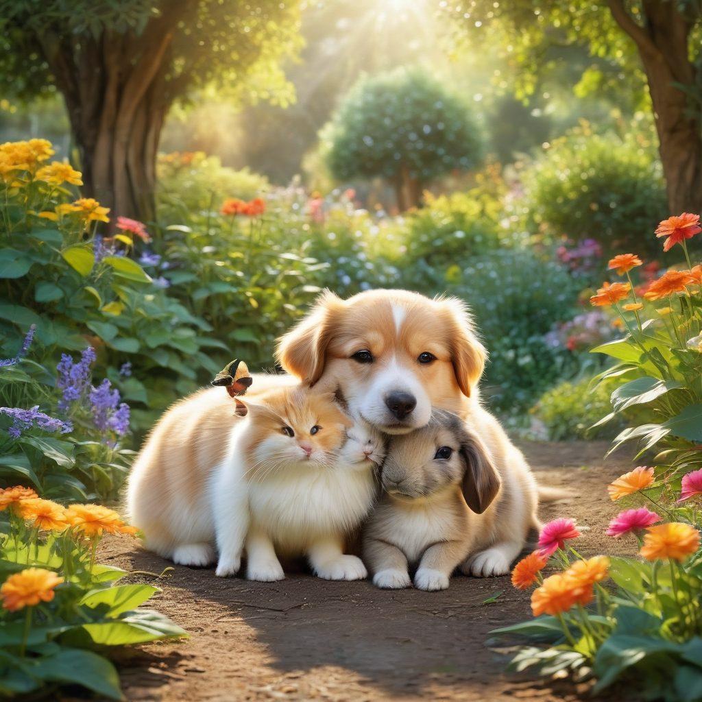 A heartwarming scene featuring a diverse group of animals, such as a dog and a cat cuddling, a bird perched on a rabbit, and a child embracing a turtle, all surrounded by a lush garden filled with flowers. The atmosphere radiates love and companionship, showcasing the unique bonds between different species. Soft sunlight filters through the trees, creating a serene and joyful ambiance. vibrant colors. super-realistic.