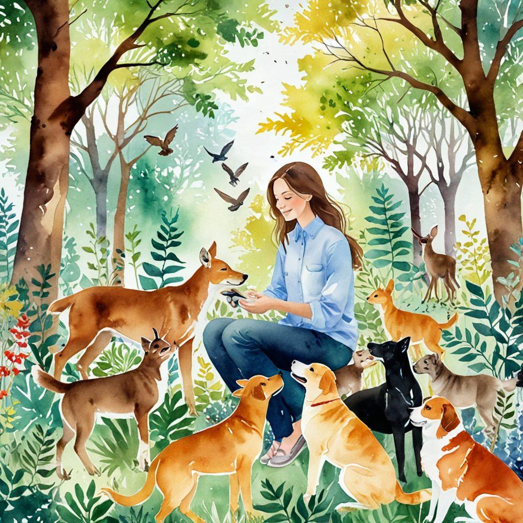 A heartwarming scene depicting a person surrounded by various affectionate animals, blending domestic pets like dogs and cats with wild animals like deer and birds in a lush wilderness setting. The sunlight filters through the trees, creating dappled patterns on the ground, showcasing the beauty of animal connections. The expressions of joy and love are captured vividly between the person and the animals, emphasizing deep bonds across species. Soft pastel colors dominate the scene, rendering an inviting and serene atmosphere. watercolor painting. vibrant colors.